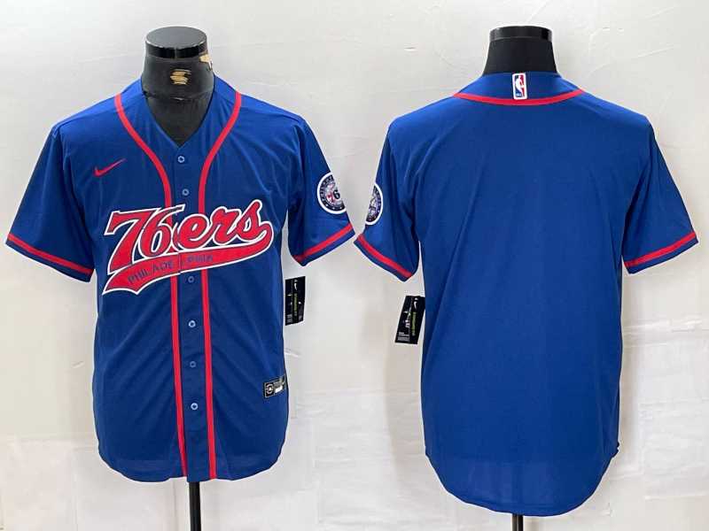 Mens Philadelphia 76ers Blue Black With Patch Cool Base Stitched Baseball Jersey